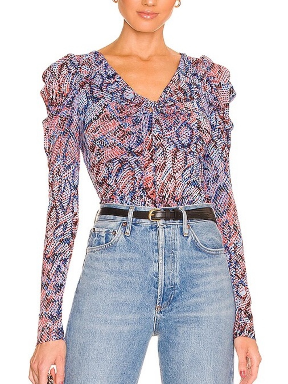 Diane Von Furstenberg Roland Mesh Printed Ruffled Long Sleeve Bodysuit Top Small